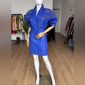 1980s 2pc Set Couture Blue Leather Blazer and Skirt Suit Vintage